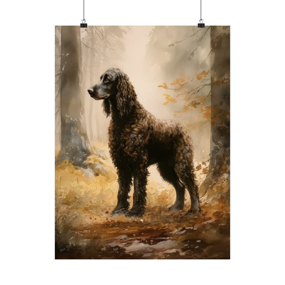 Irish Water Spaniel Dark Curly Coat Autumn Woods Watercolor Poster - Image 5