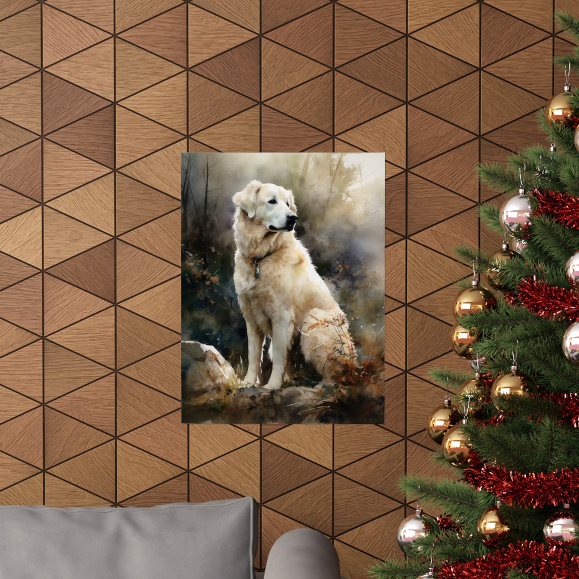 Kuvasz White Fluffy Dog Sitting Autumn Forest Watercolor Poster - Image 3