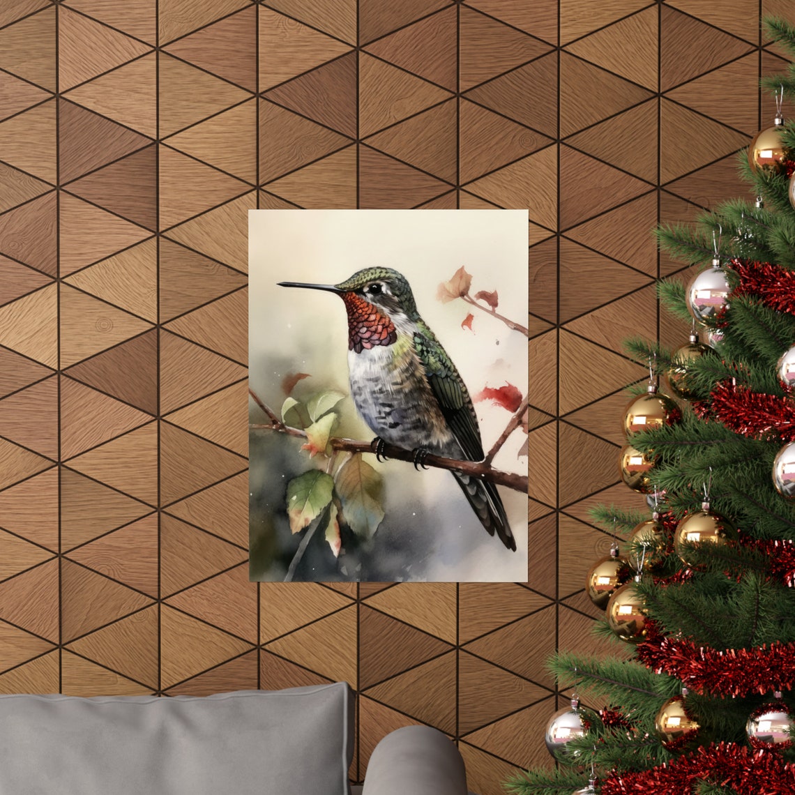 Annas Hummingbird Perched Red Gorget Watercolor Bird Portrait Poster - Image 3