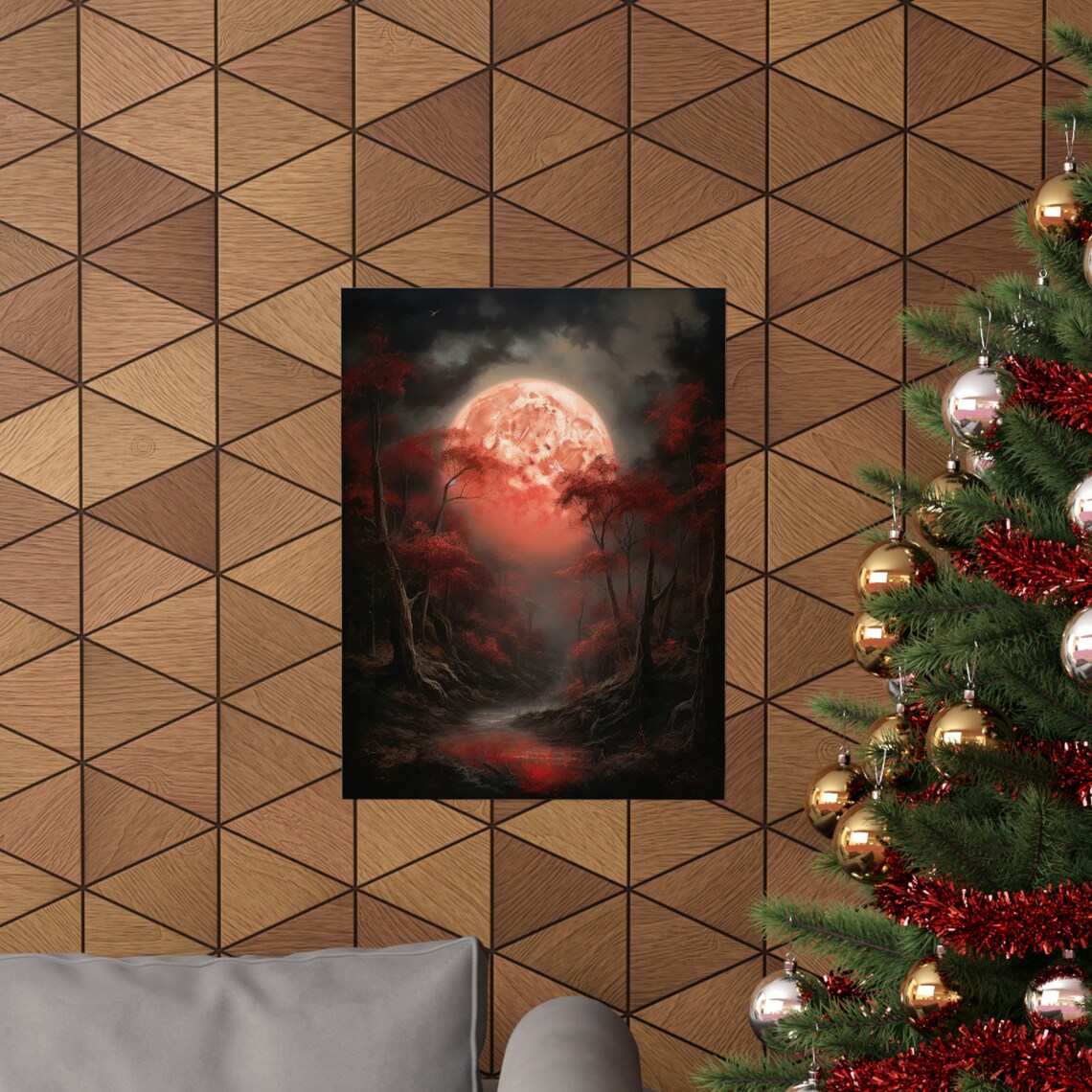 Blood Red Moon Over Crimson Autumn Forest Misty Gothic Night Wall Art - Image 3