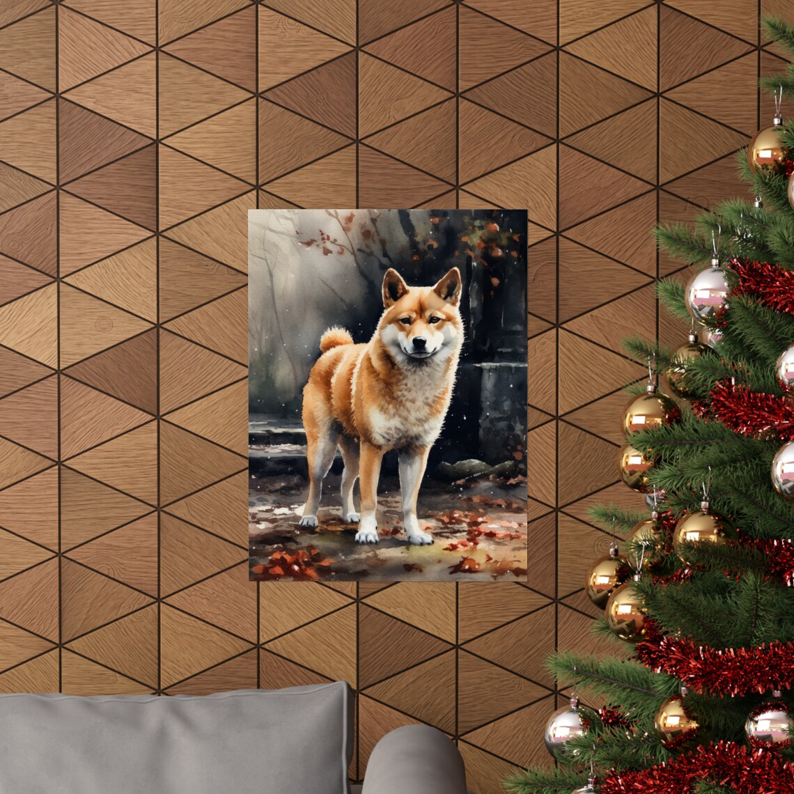 Shiba Inu Misty Autumn Forest Ruins Watercolor Portrait Poster - Image 3