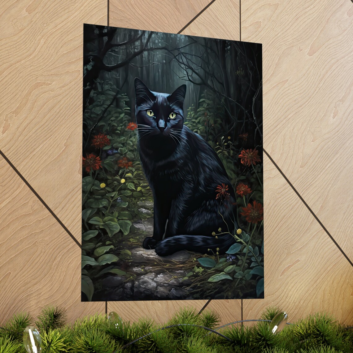 Black Cat With Green Eyes Sitting In Dark Forest Clearing Art Poster - Image 2
