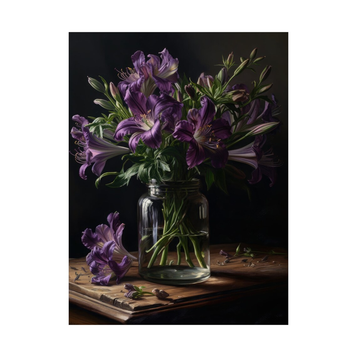 Purple Alstroemeria Flowers Glass Jar Dark Moody Botanical Art Print - Image 4