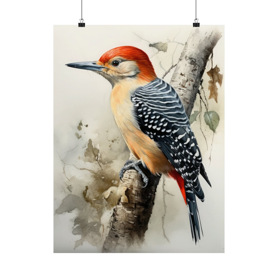 Red Bellied Woodpecker Watercolor Birch Branch Bird Art Poster - Image 5