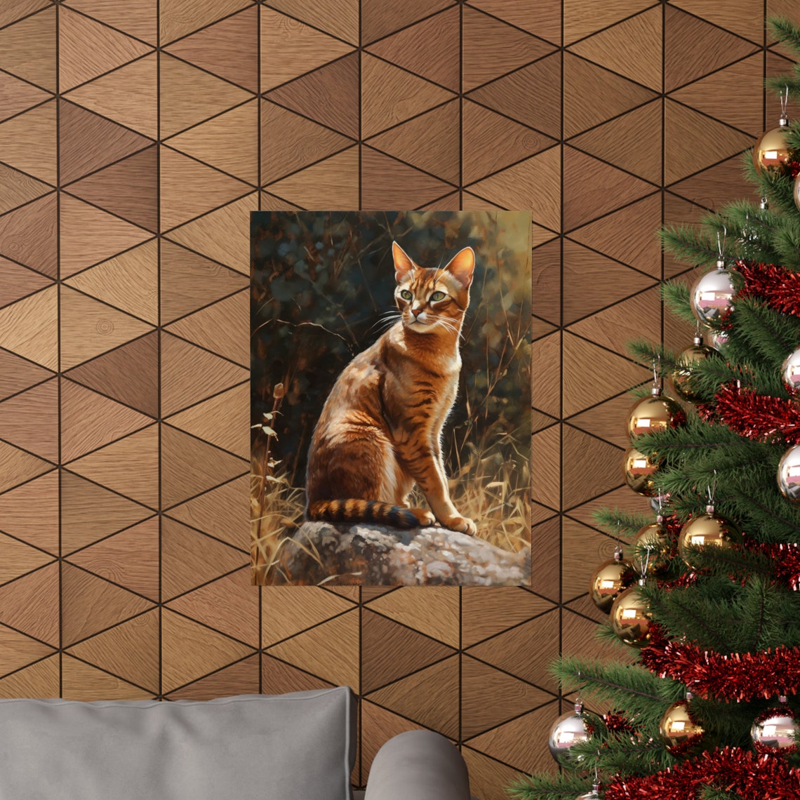 Abyssinian Cat Portrait Rocky Perch Golden Grass Green Eyes Art Print - Image 3