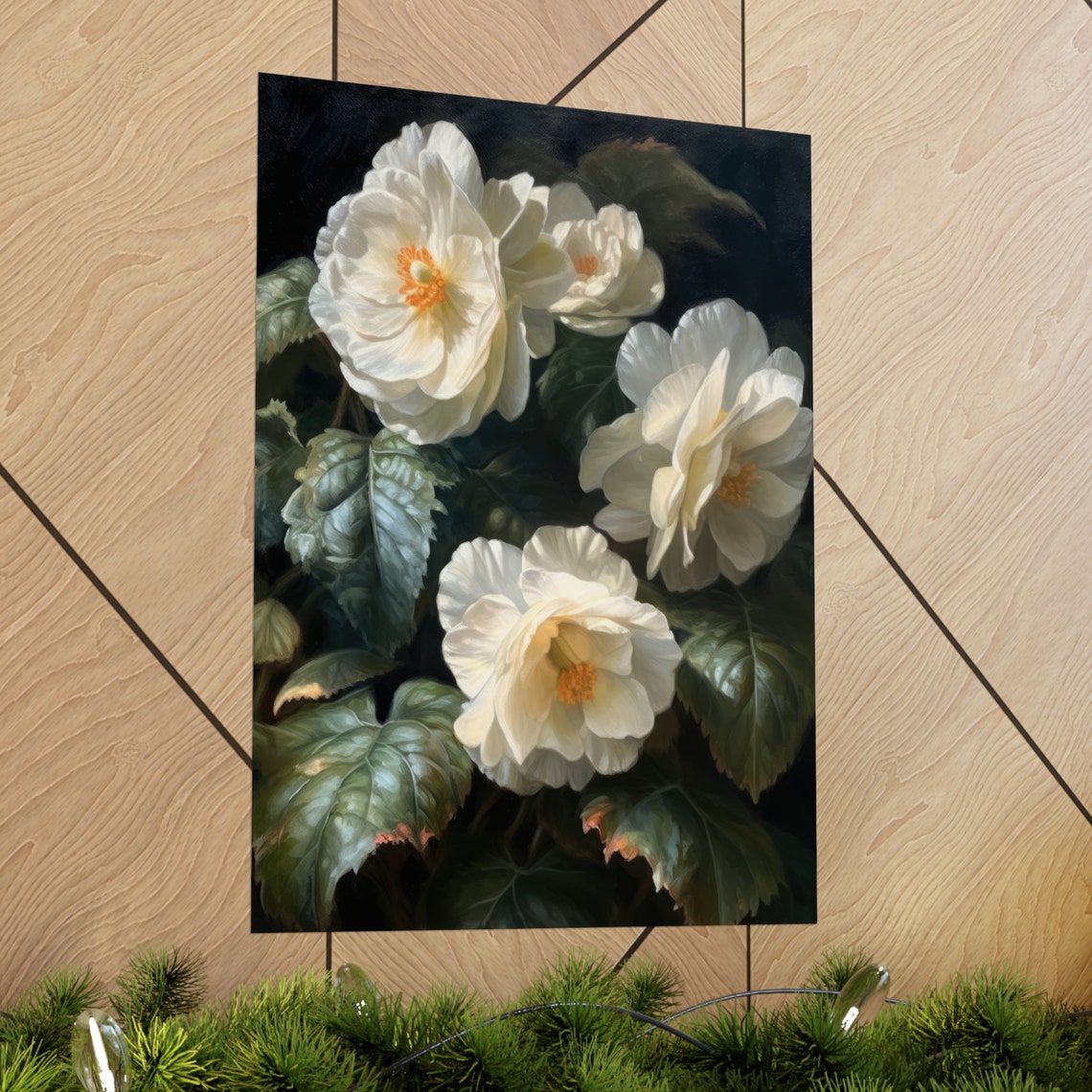 White Begonia Orange Center Blooms Dark Foliage Floral Art Poster - Image 2
