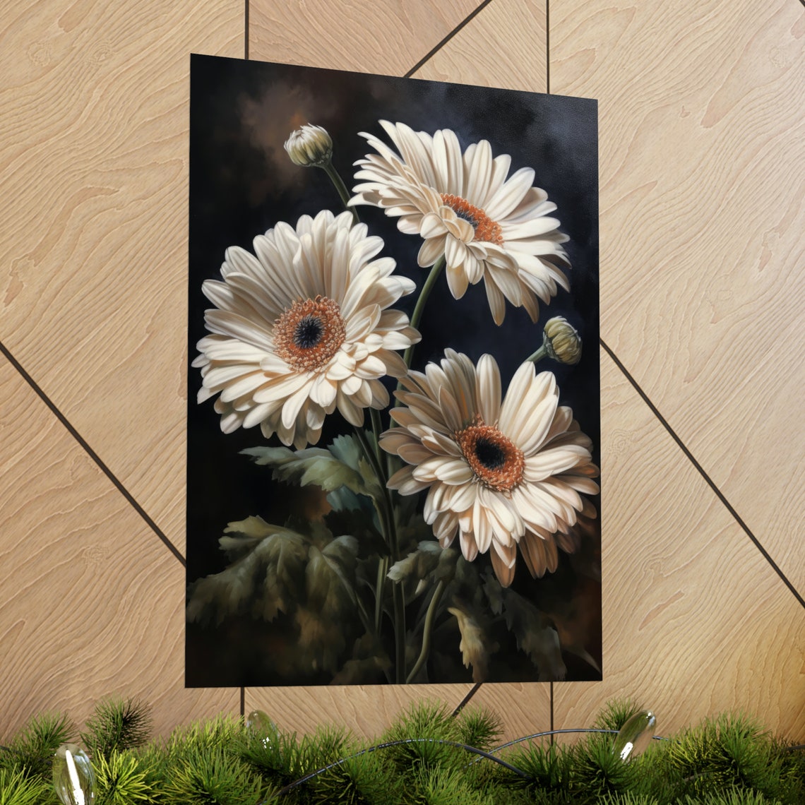 White Gerbera Daisy Cream Blooms Dark Background Botanical Art Poster - Image 2