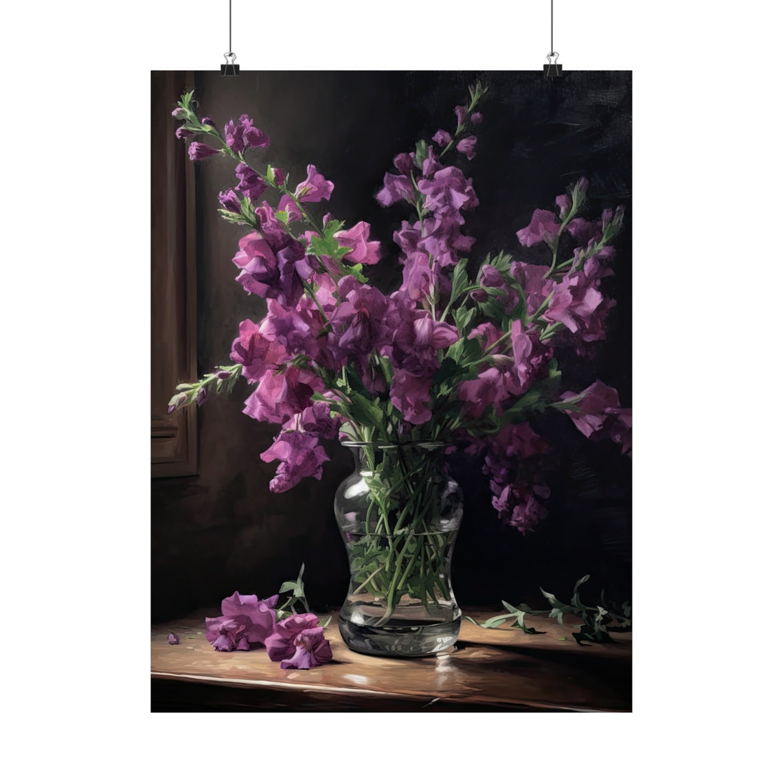 Magenta Purple Snapdragon Bouquet Glass Vase Dark Still Life Poster - Image 5