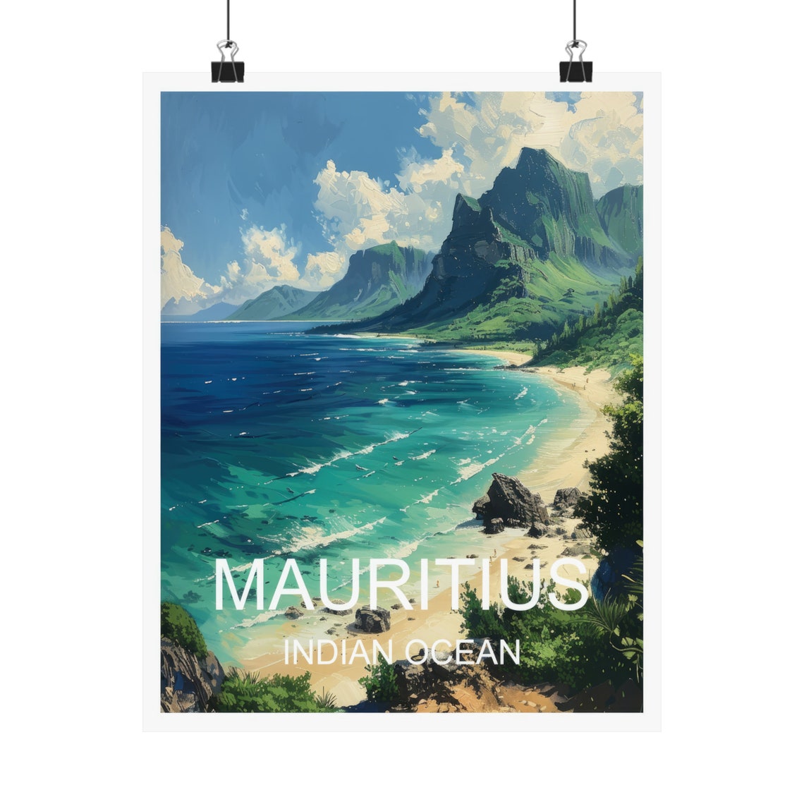 Mauritius Indian Ocean Turquoise Beach Mountain View Travel Poster - Image 4