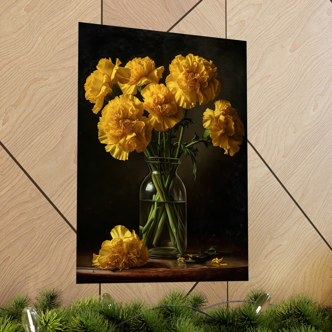 Yellow Carnation Stems Glass Bottle Vase Dark Still Life Art Poster - Image 2