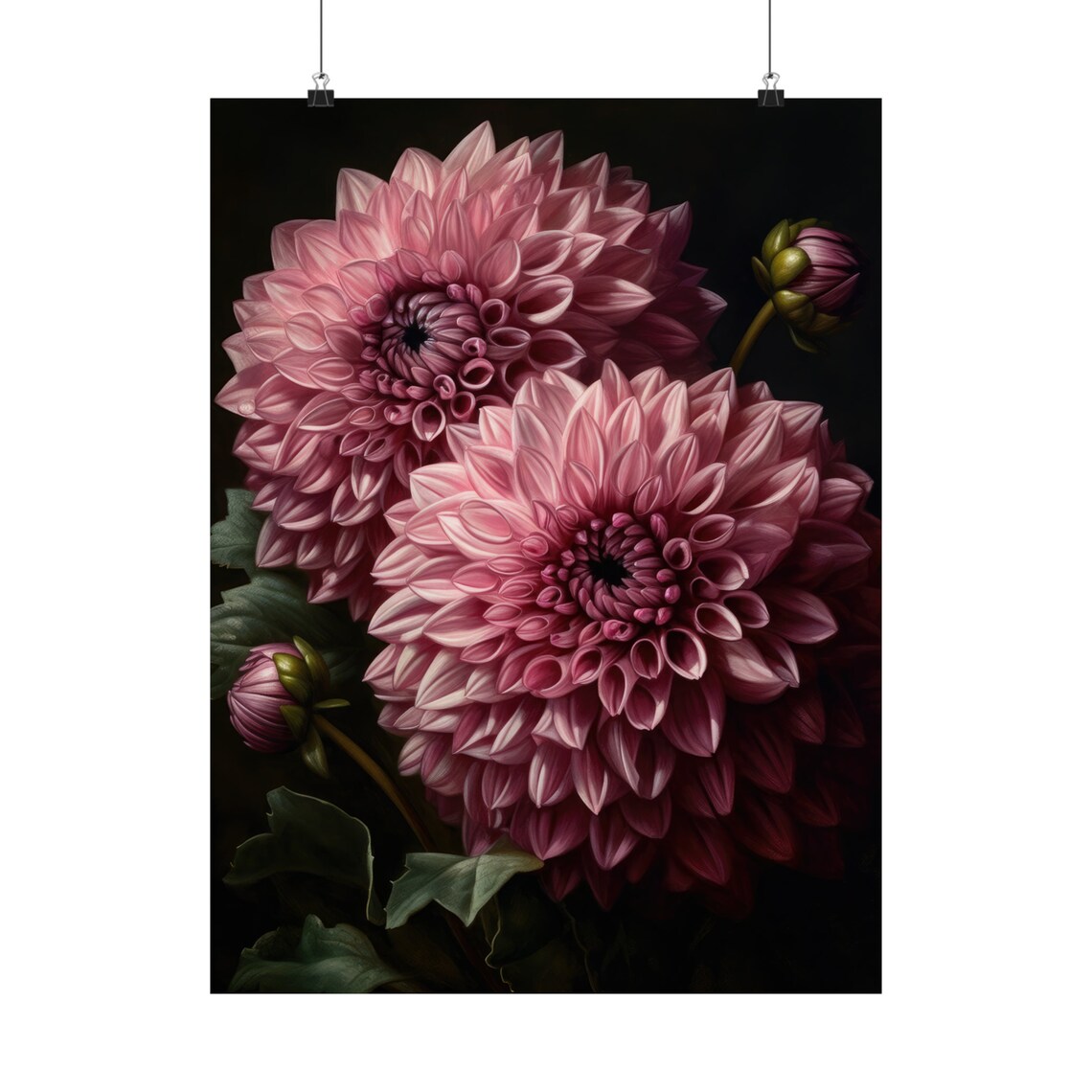 Pink Dahlia Blooms Close Up Dark Botanical Still Life Poster - Image 5