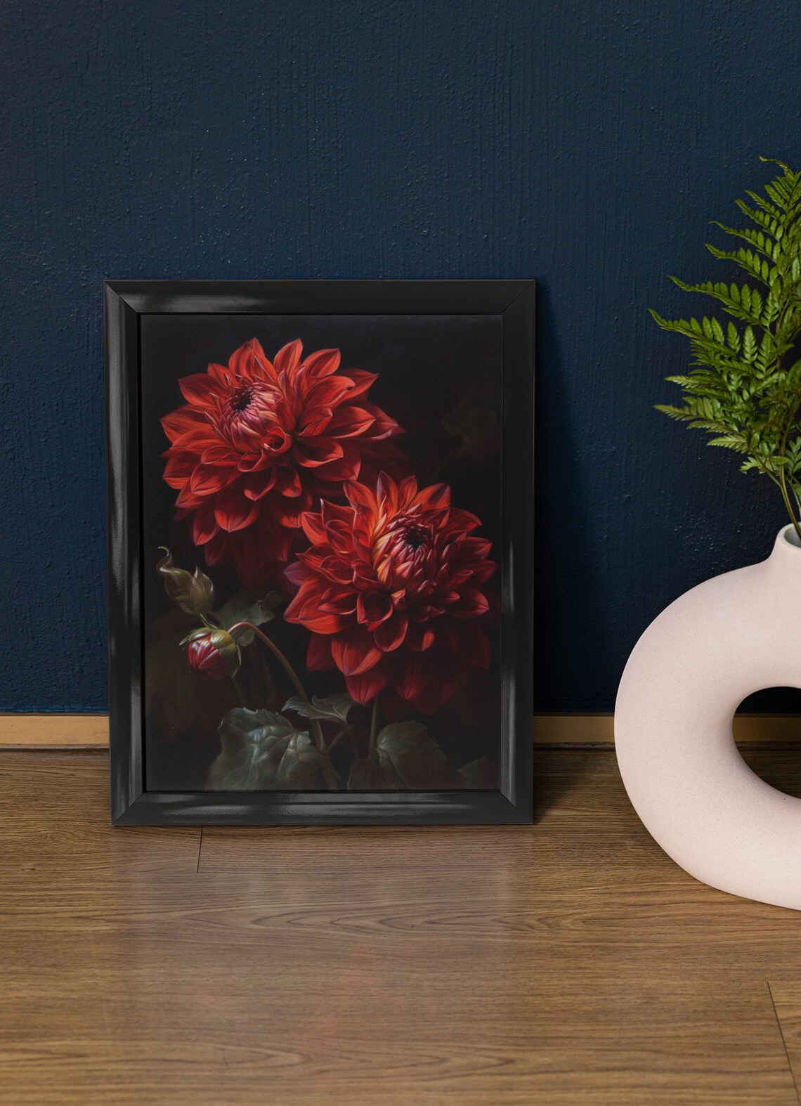Crimson Red Dahlia Blooms Moody Dark Floral Botanical Art Print