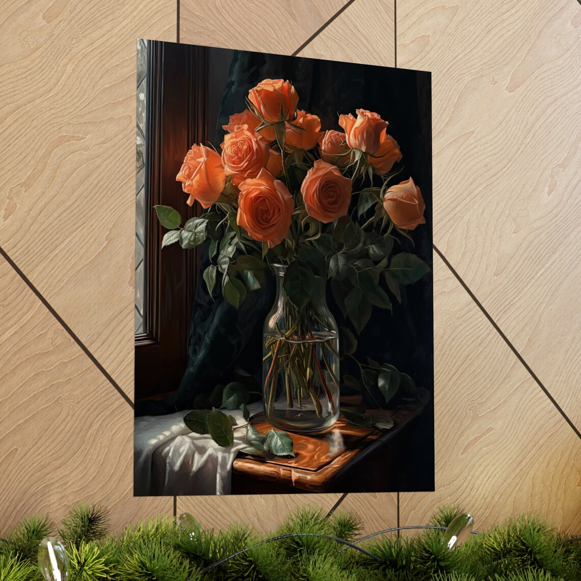 Orange Rose Bouquet Fiery Warm Blooms Dark Still Life Art Poster - Image 2