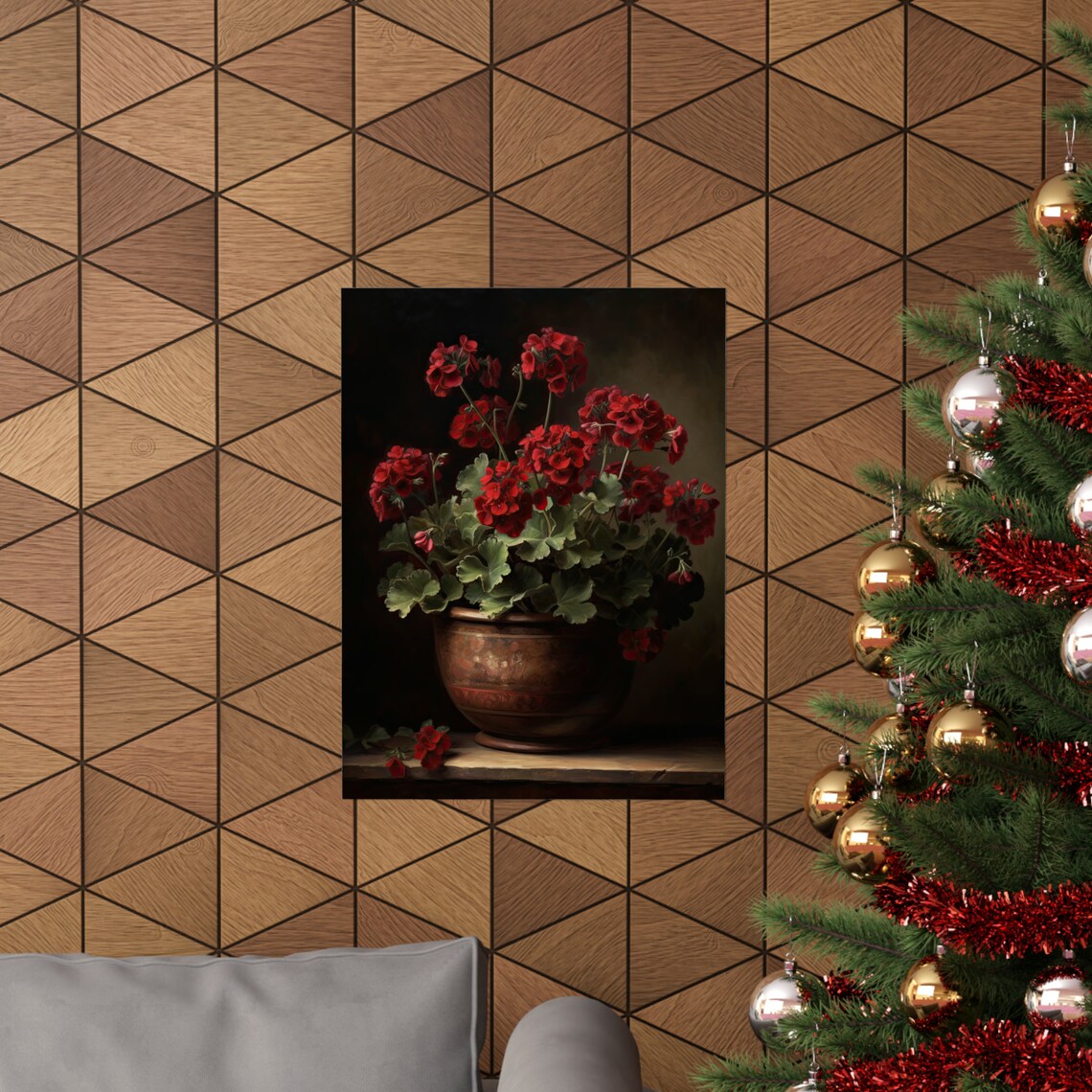 Burgundy Geranium Blossoms Copper Pot Dark Still Life Flower Poster - Image 3