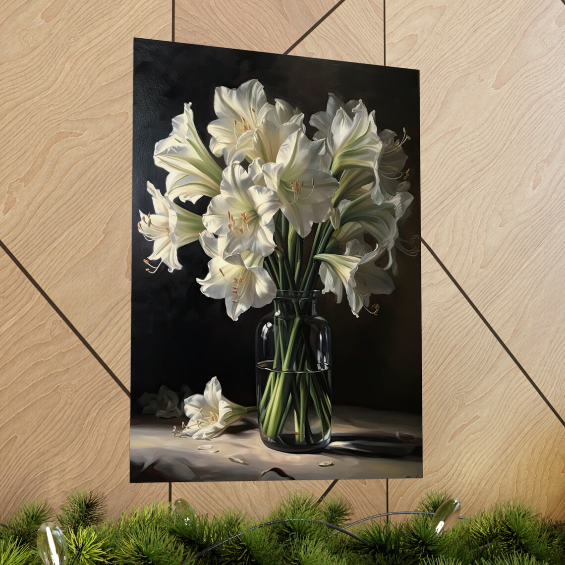 White Amaryllis Bouquet Dark Still Life Glass Vase Flower Art Print - Image 2
