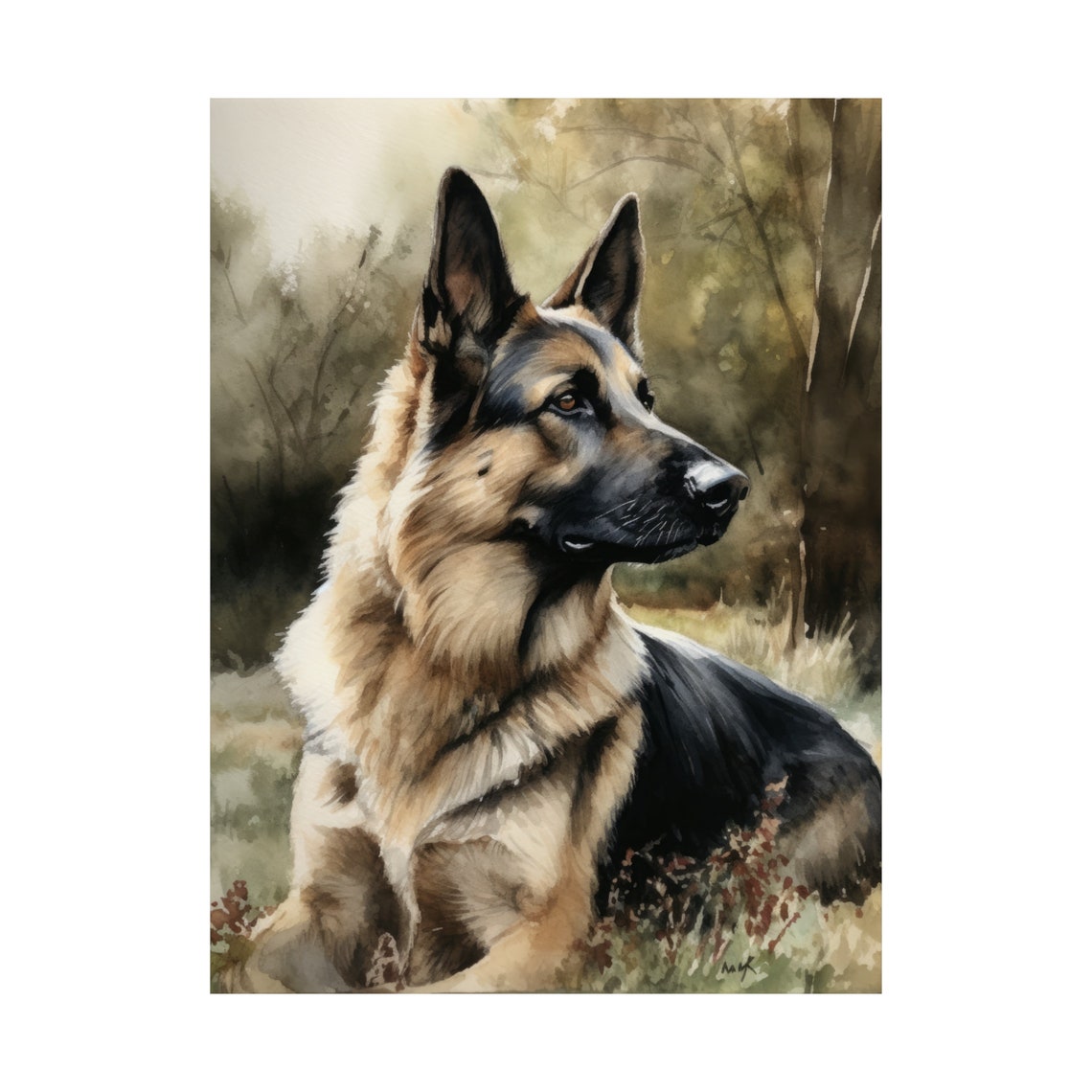 German Shepherd Dog Watercolor Portrait Meadow Profile View Poster - Image 4