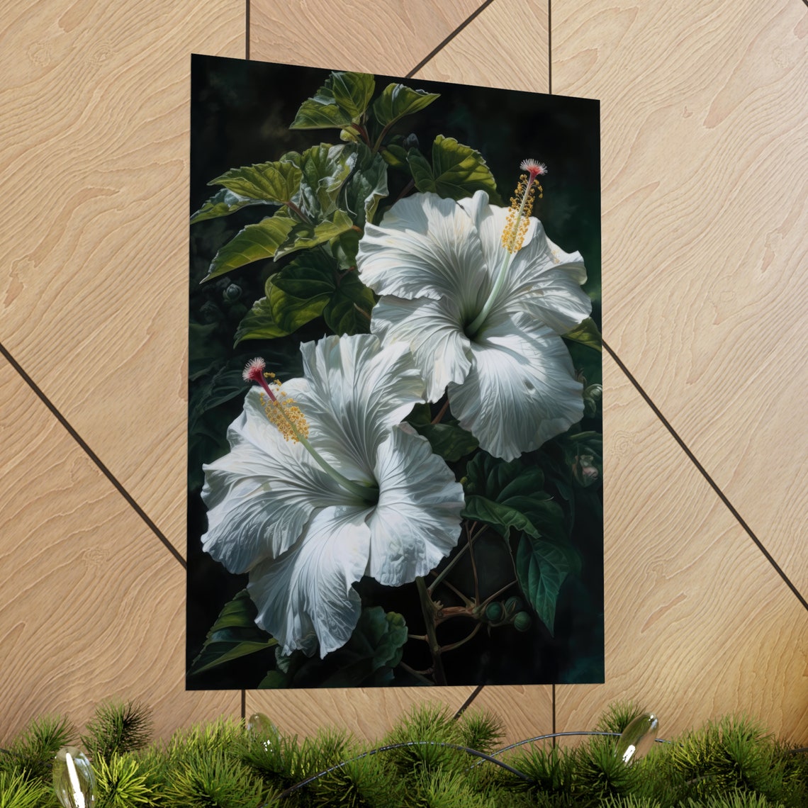 White Hibiscus Blooms Dark Tropical Botanical Fine Art Poster - Image 2