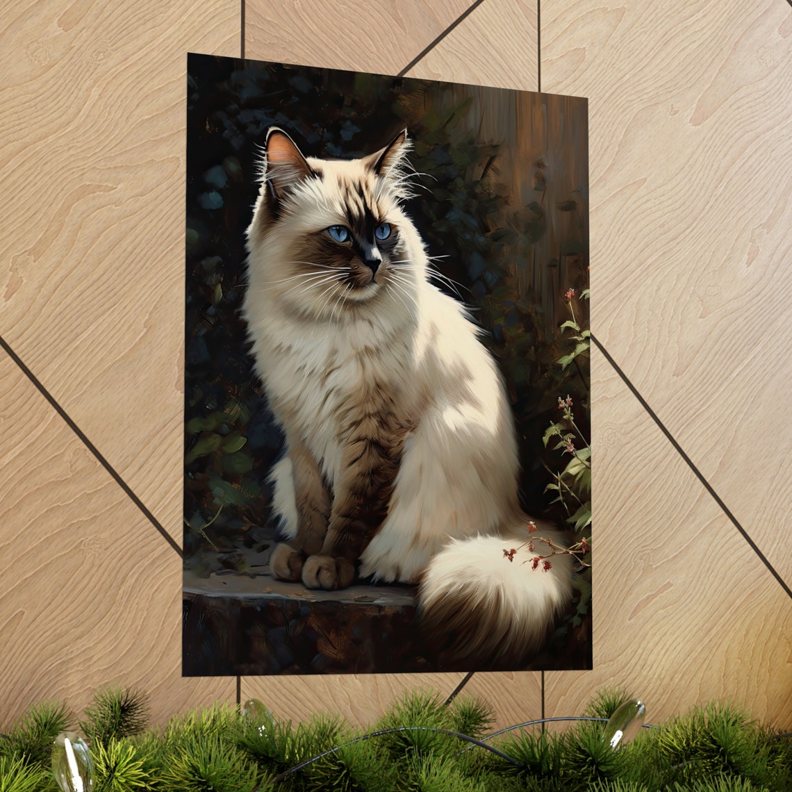 Birman Cat Blue Eyes Sunlit Garden Longhair Feline Art Poster - Image 2
