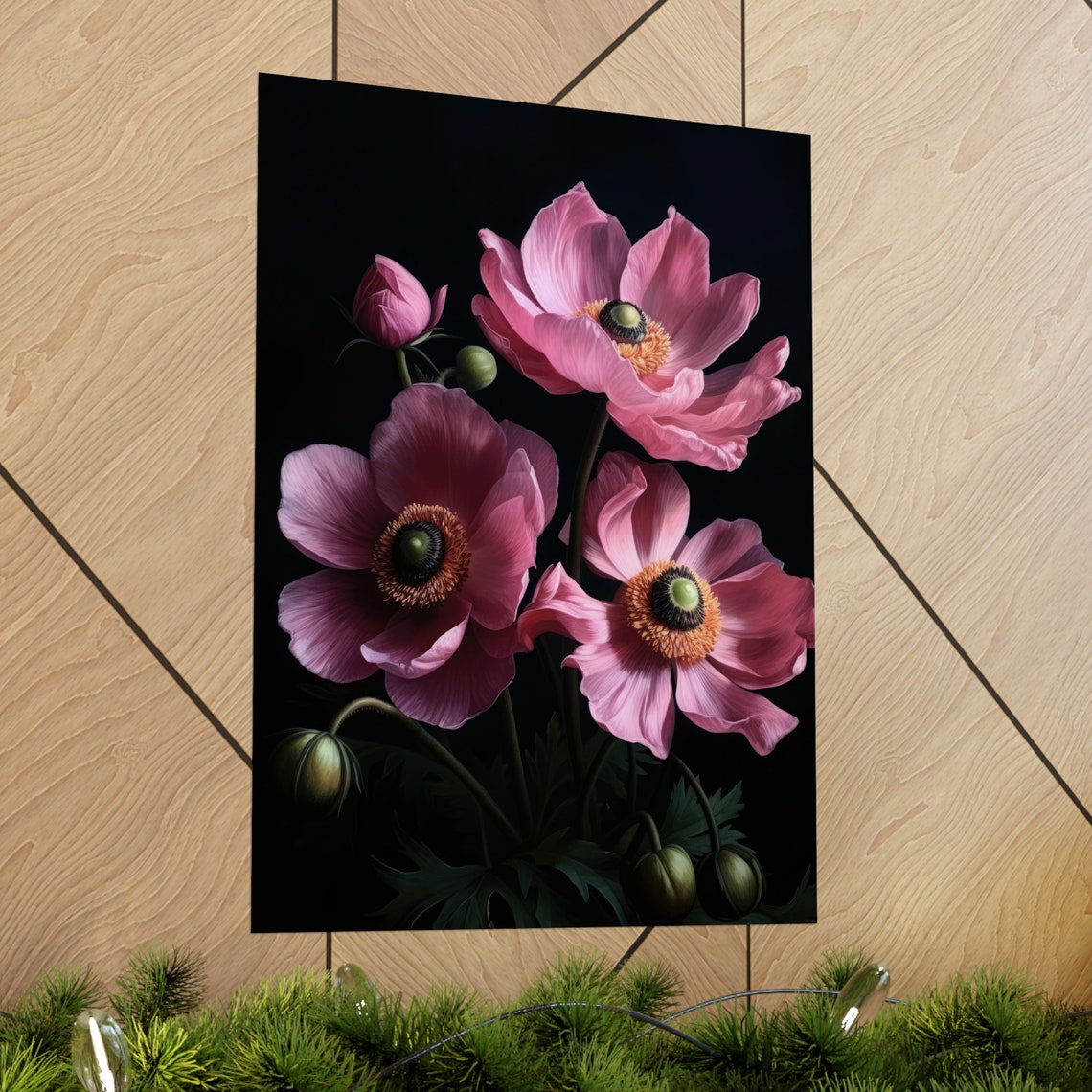 Pink Anemone Blooms Buds Dark Moody Botanical Floral Still Life Poster - Image 2
