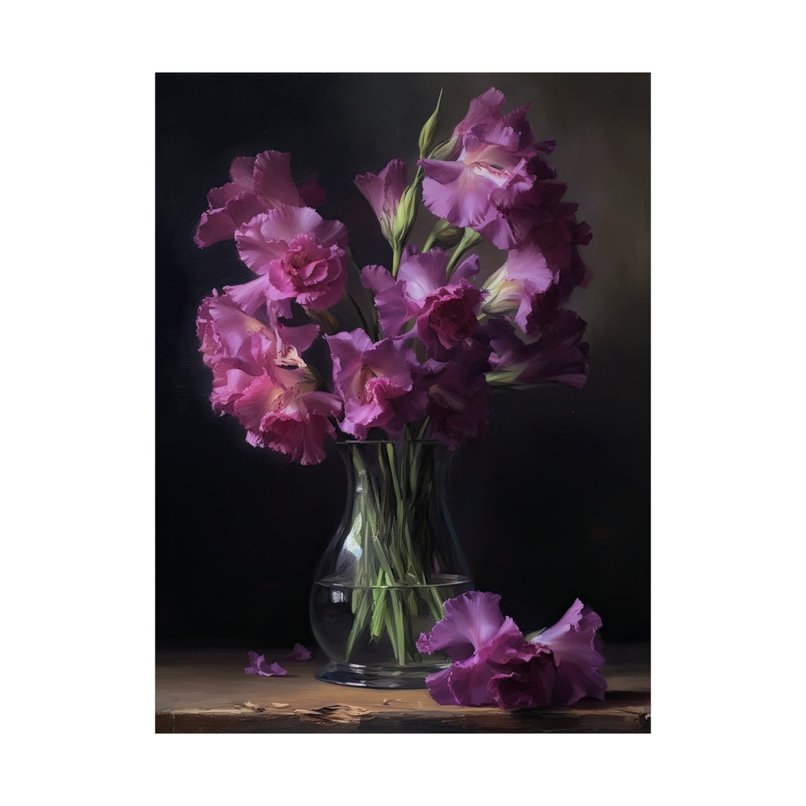 Purple Gladiolus Blooms Glass Vase Dark Moody Still Life Flower Poster - Image 4