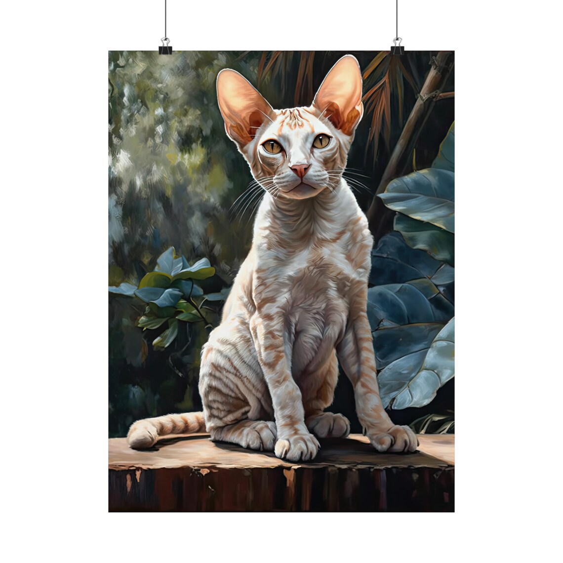 Devon Rex Cat Portrait Wooden Stump Cream Wavy Coat Large Ears Art Print - Image 5