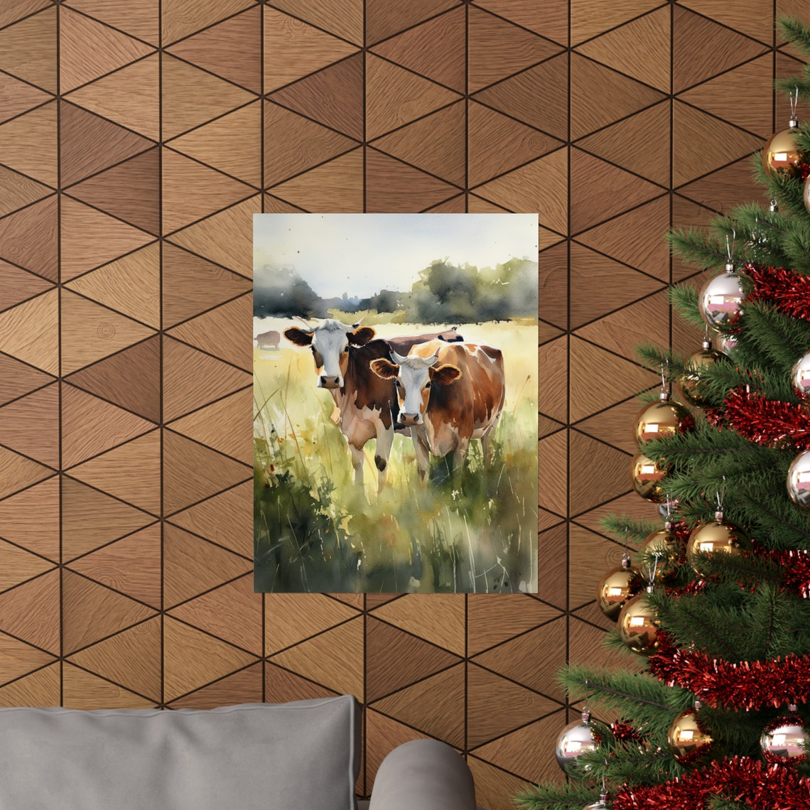 Two Cows Sunny Pasture Watercolor Rustic Farm Animal Wall Art Print - Image 3
