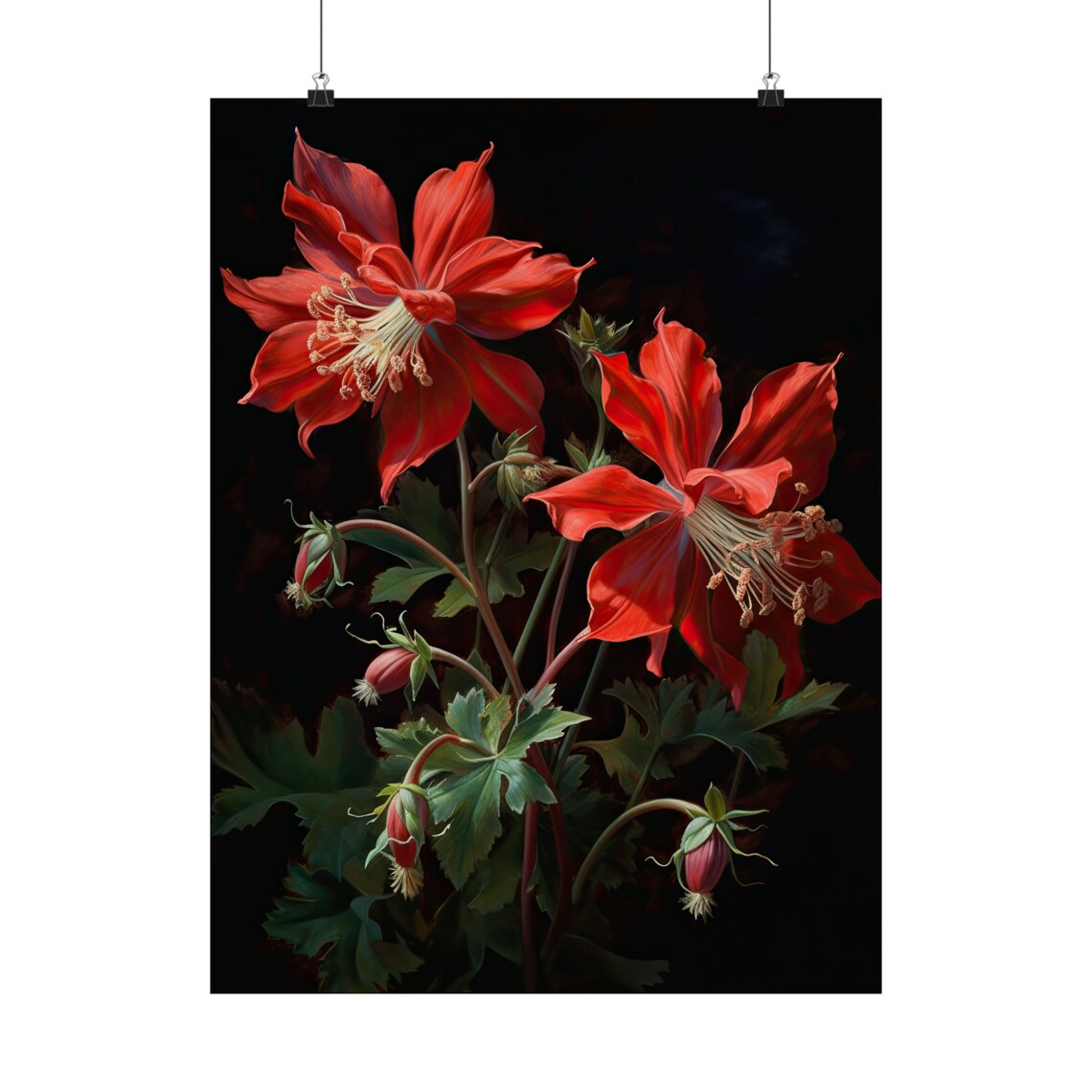 Red Columbine Flowers Moody Dark Botanical Oil Painting Art Print - Image 5