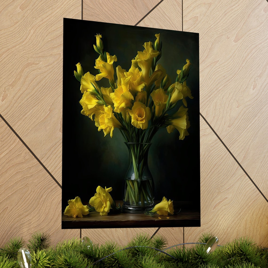 Yellow Gladiolus Bouquet Glass Vase Dark Still Life Floral Art Poster - Image 2