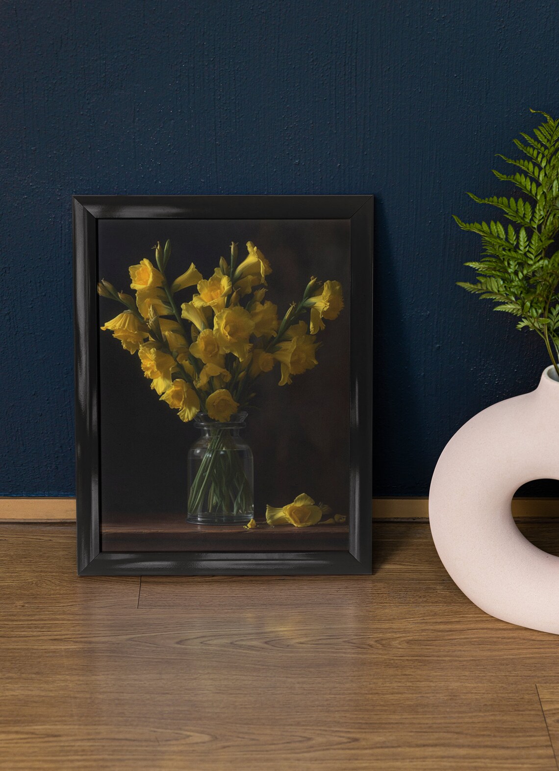 Yellow Gladiolus Stems Glass Jar Dark Moody Still Life Flower Poster
