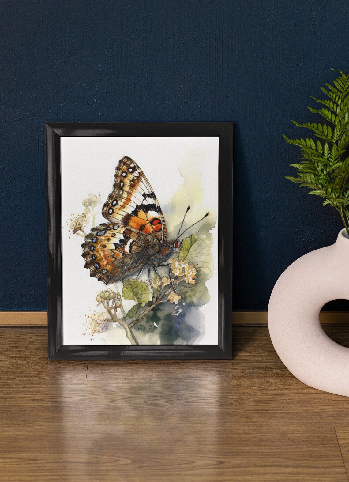 Orange Brown Butterfly Resting on Wildflowers Watercolor Art Print