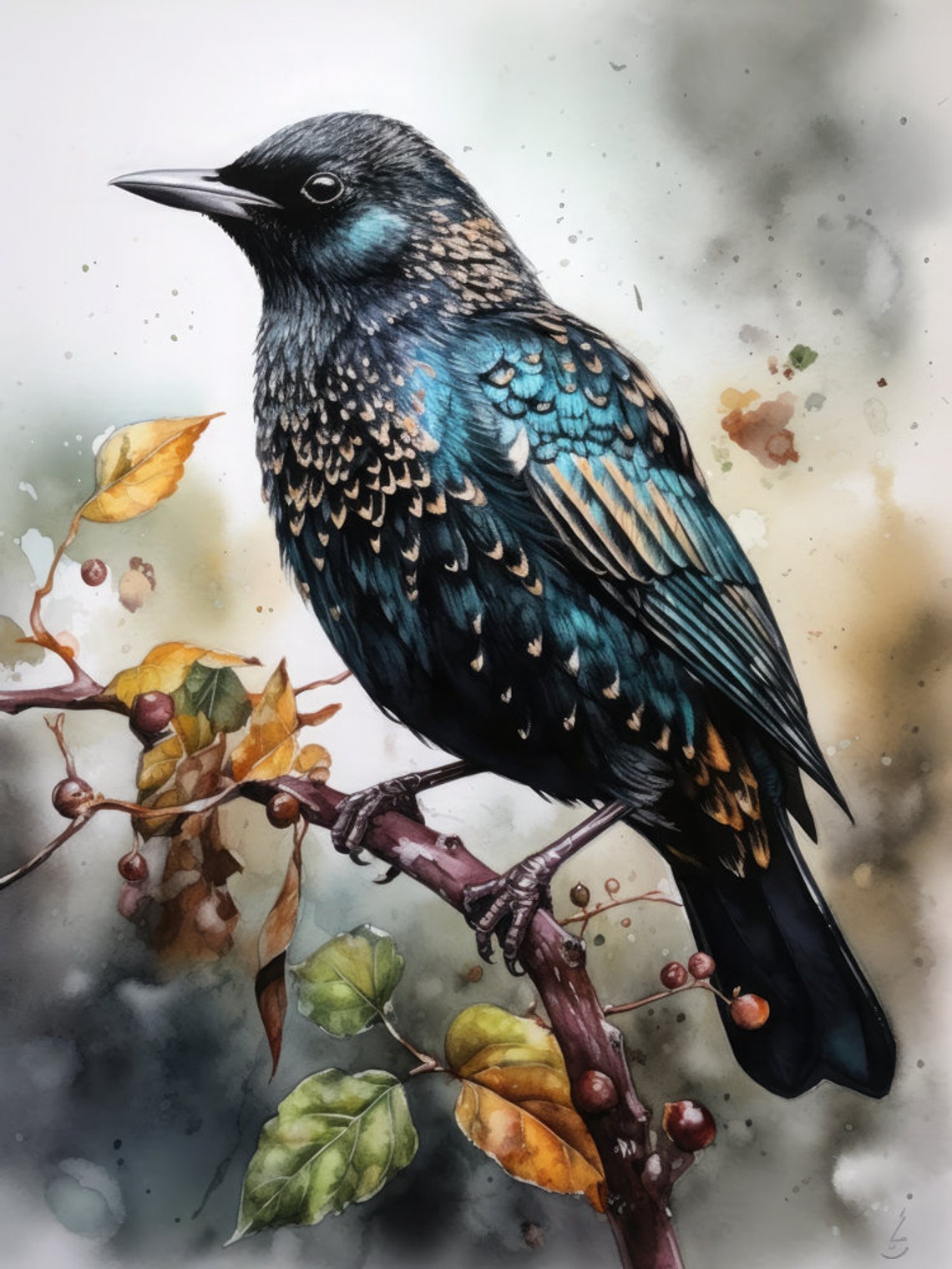 Common Starling Perched Branch Watercolor Autumn Bird Art Print - Image 5