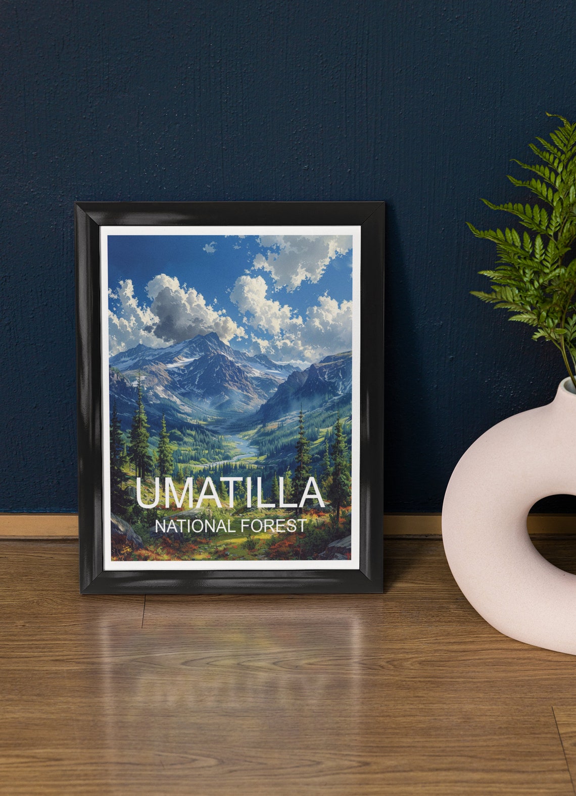 Umatilla National Forest Snowy Peaks River Valley Travel Poster