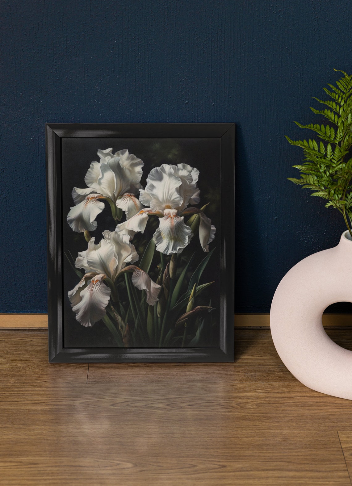 White Iris Blossoms Elegant Ruffled Dark Botanical Wall Art Print