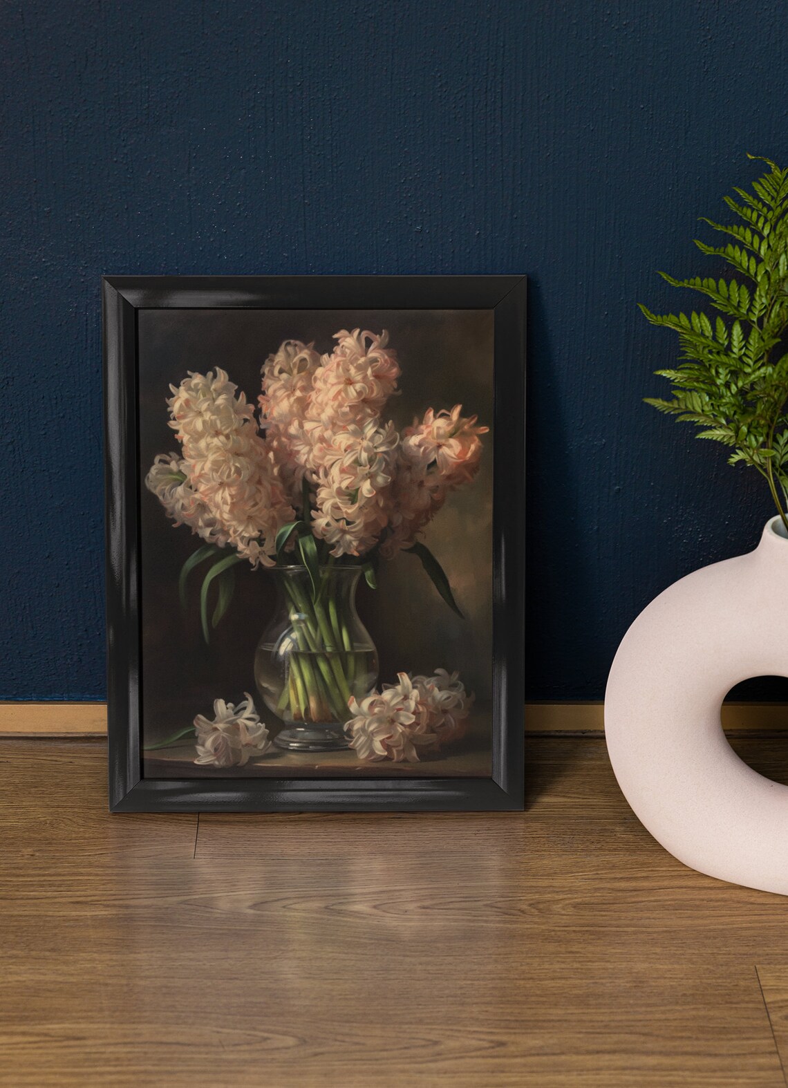 Blush Hyacinth Blooms Glass Vase Dark Moody Still Life Flower Poster