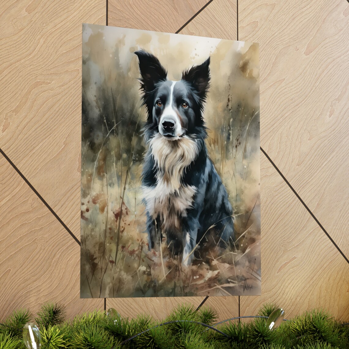 Border Collie Dog Black White Watercolor Portrait in Field Poster - Image 2