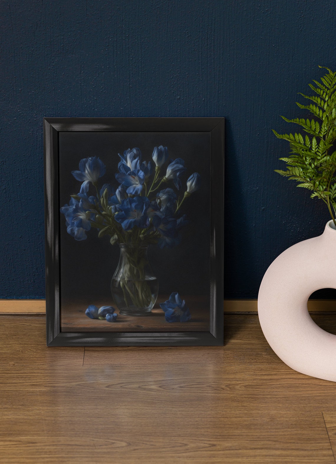 Cornflower Blue Freesia Bouquet Glass Vase Dark Still Life Poster