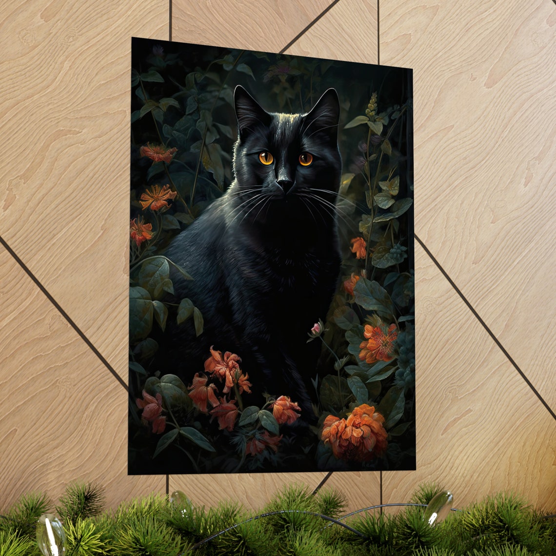 Black Cat With Amber Eyes Among Dark Garden Blooms Gothic Art Poster - Image 2