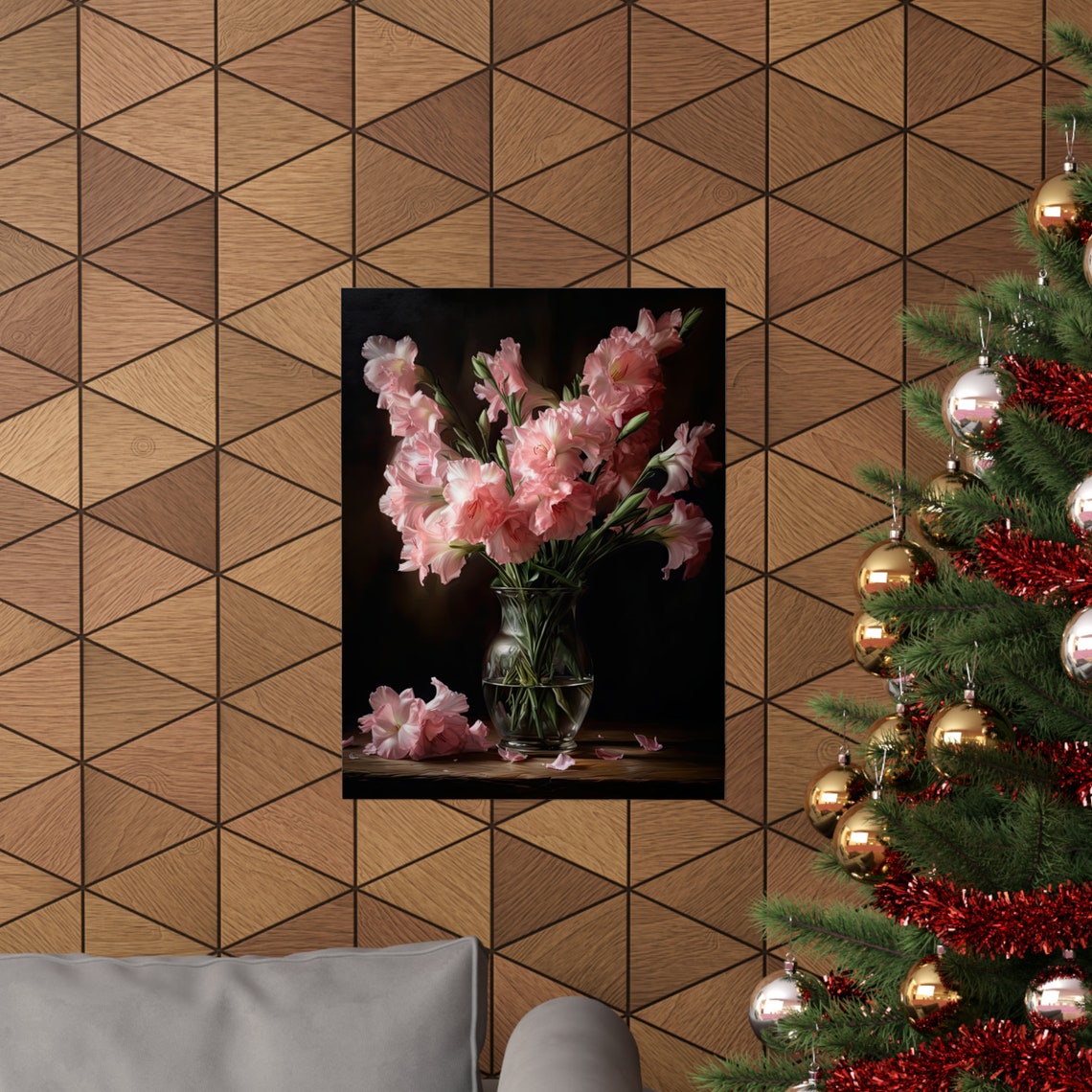 Blush Pink Gladiolus Glass Vase Dark Still Life Botanical Art Poster - Image 3