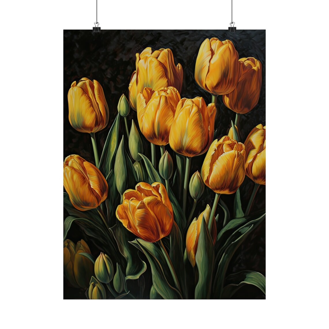 Golden Yellow Tulip Blooms Dark Moody Floral Botanical Art Print - Image 5