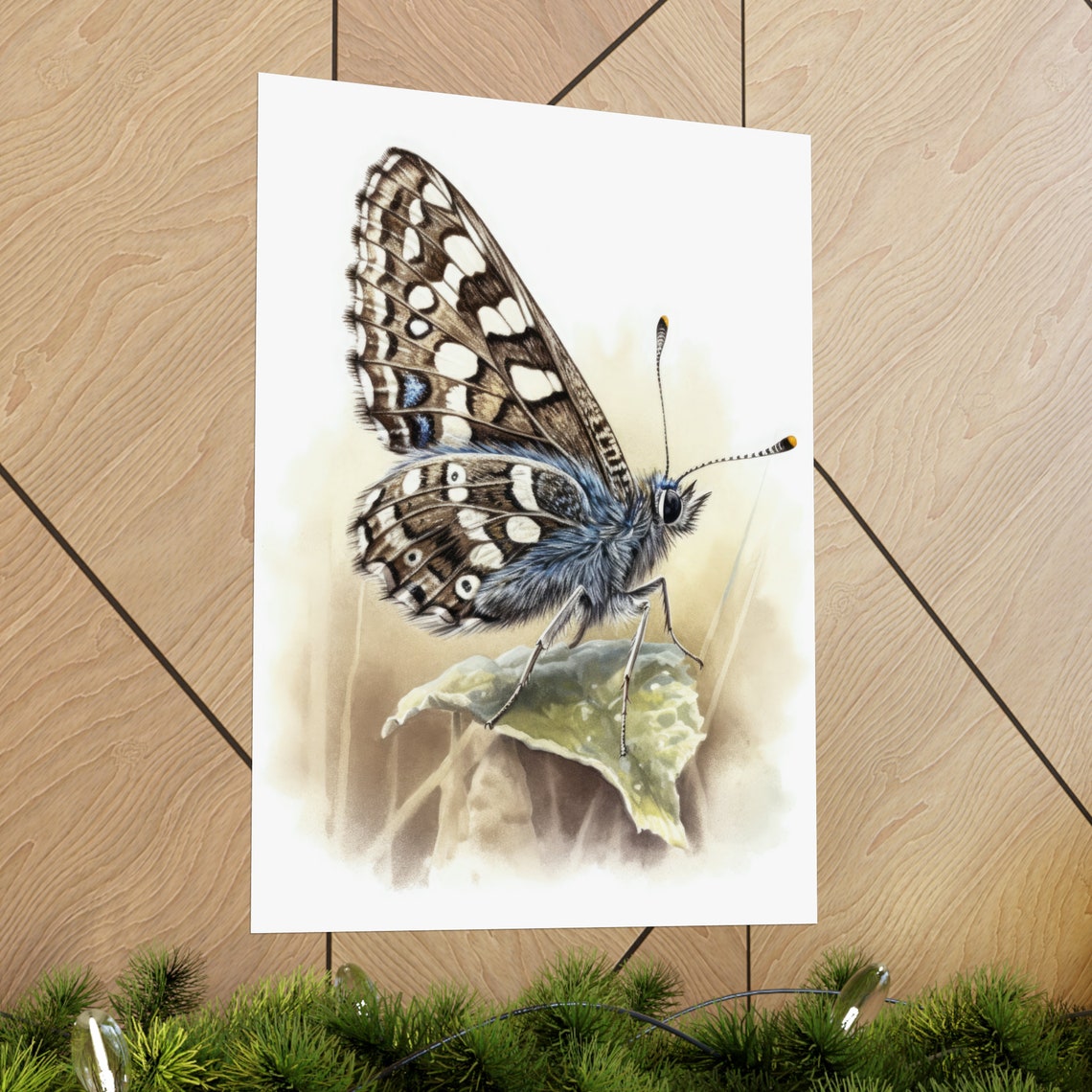 Checkered Skipper Butterfly Brown White Leaf Perch Watercolor Print - Image 2