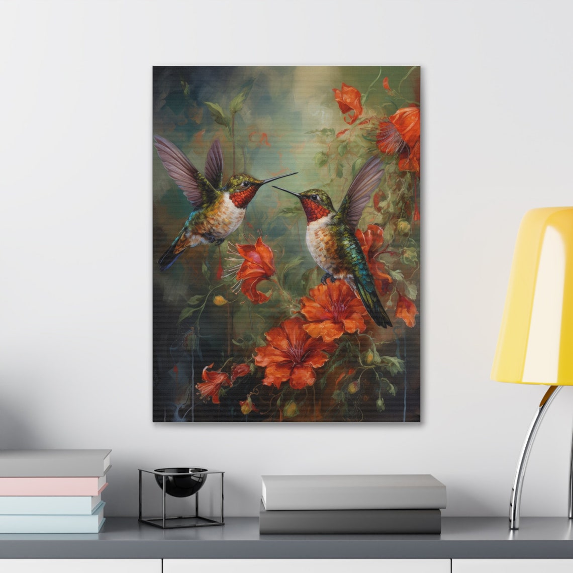 Two Ruby Throated Hummingbirds Red Trumpet Flowers Painterly Art Print - Image 2
