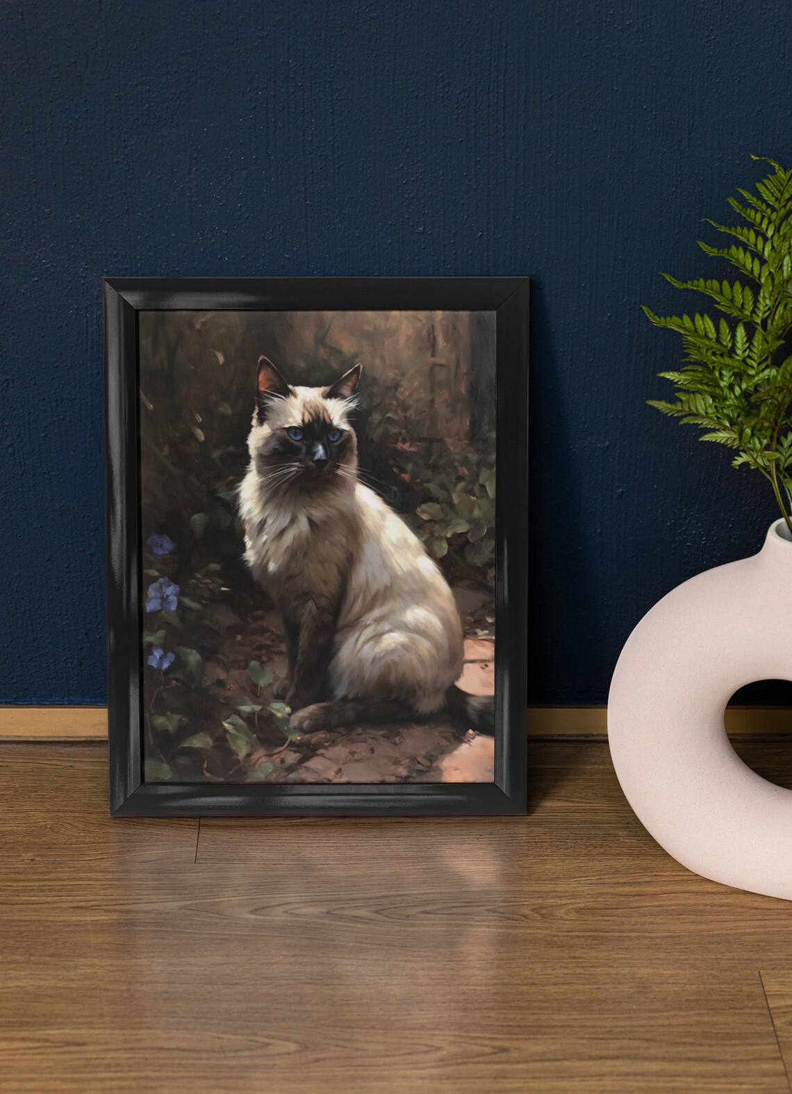 Balinese Cat Colorpoint Blue Eyes Sitting In Garden With Flowers Print