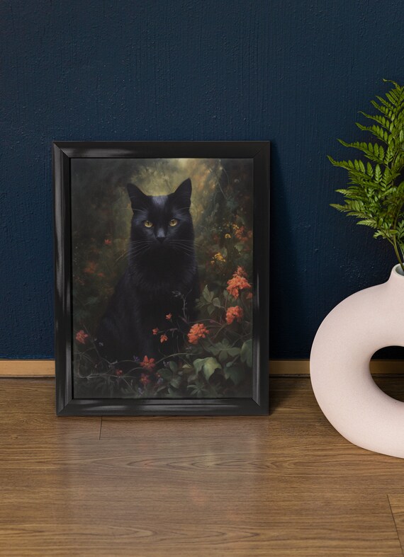 Black Cat With Golden Eyes In Moody Dark Garden Flowers Watercolor Print