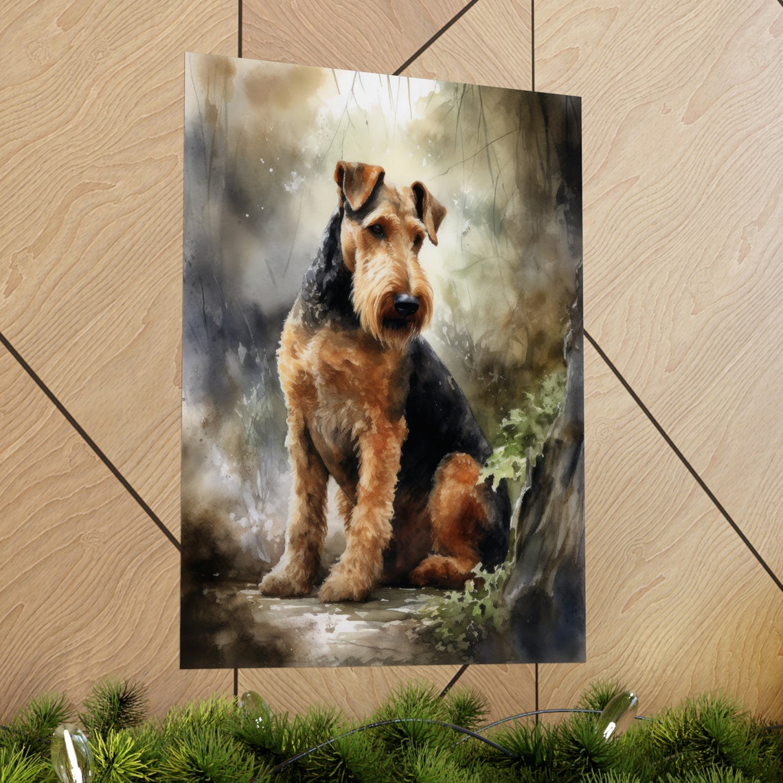 Airedale Terrier Misty Forest Watercolor Portrait Wiry Coat Poster - Image 2