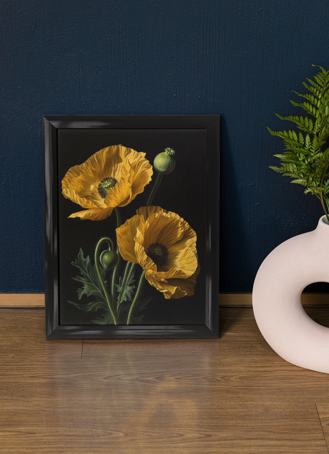 California Poppy Golden Blooms Buds Soft Painterly Dark Floral Poster