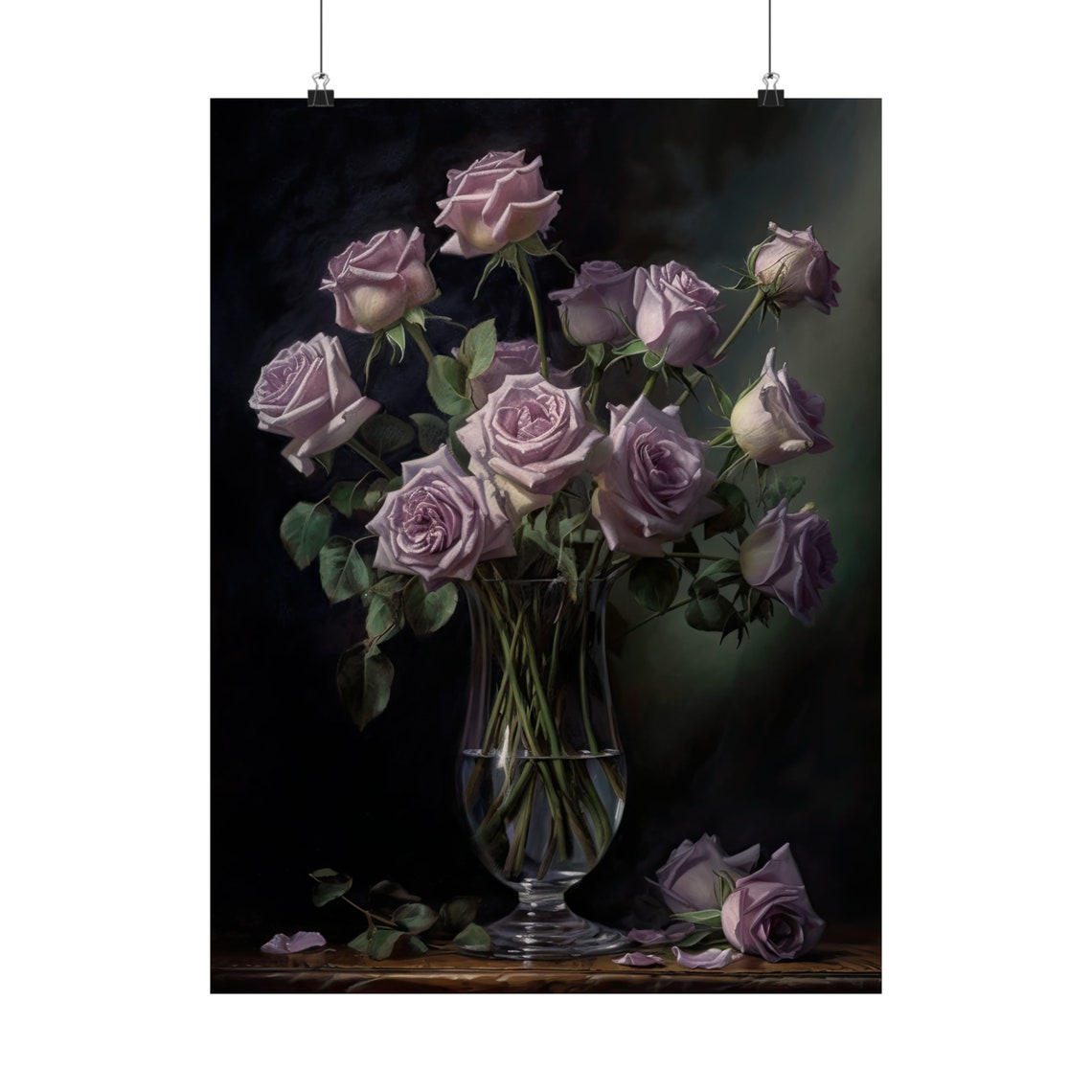 Lavender Roses Glass Vase Moody Still Life Botanical Wall Art - Image 5