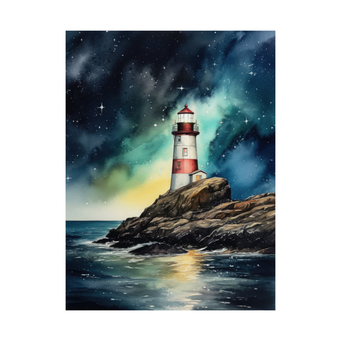 Red White Striped Lighthouse Starry Night Ocean Watercolor Poster - Image 4