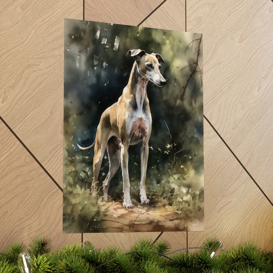 Whippet Dog Woodland Watercolor Portrait Elegant Standing Pose Poster - Image 2