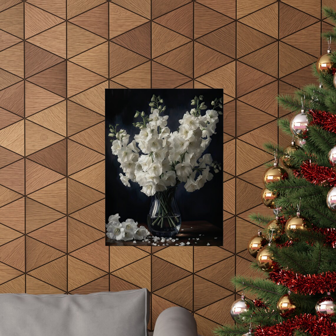 White Delphinium Blooms Glass Vase Dark Moody Still Life Poster - Image 3