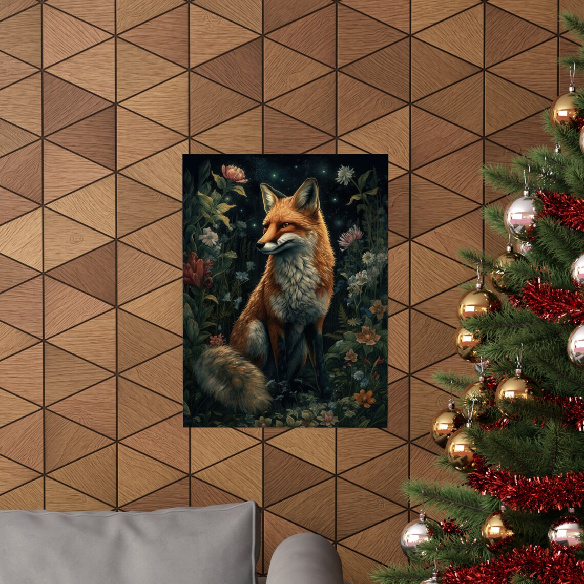 Red Fox Sitting In Profile Among Night Wildflowers With Fireflies Poster - Image 3
